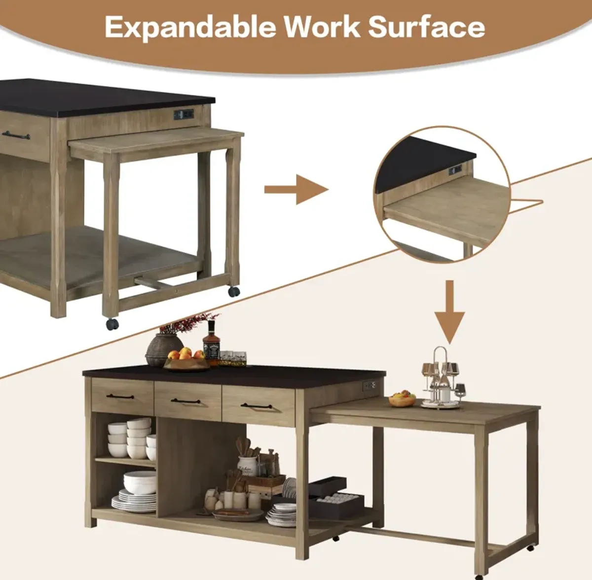 Streamdale Extendable Kitchen Island Cart w/ Power Outlets