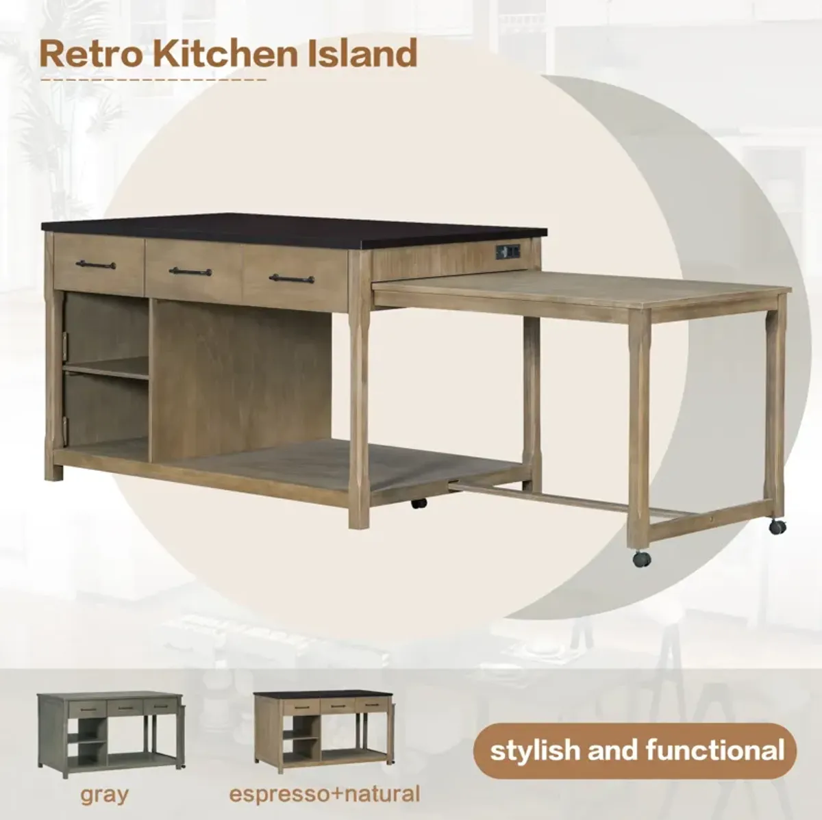 Streamdale Extendable Kitchen Island Cart w/ Power Outlets