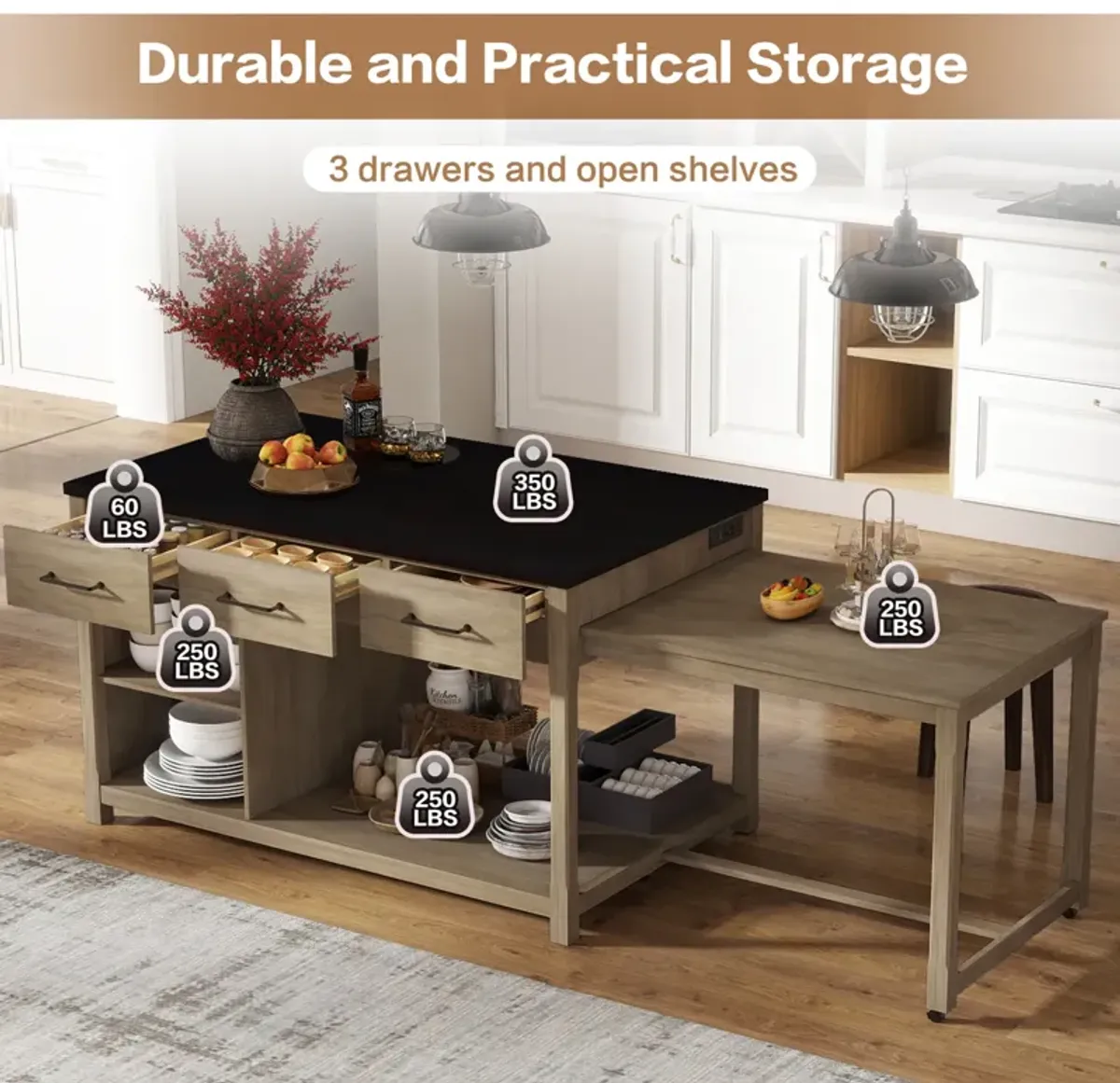Streamdale Extendable Kitchen Island Cart w/ Power Outlets