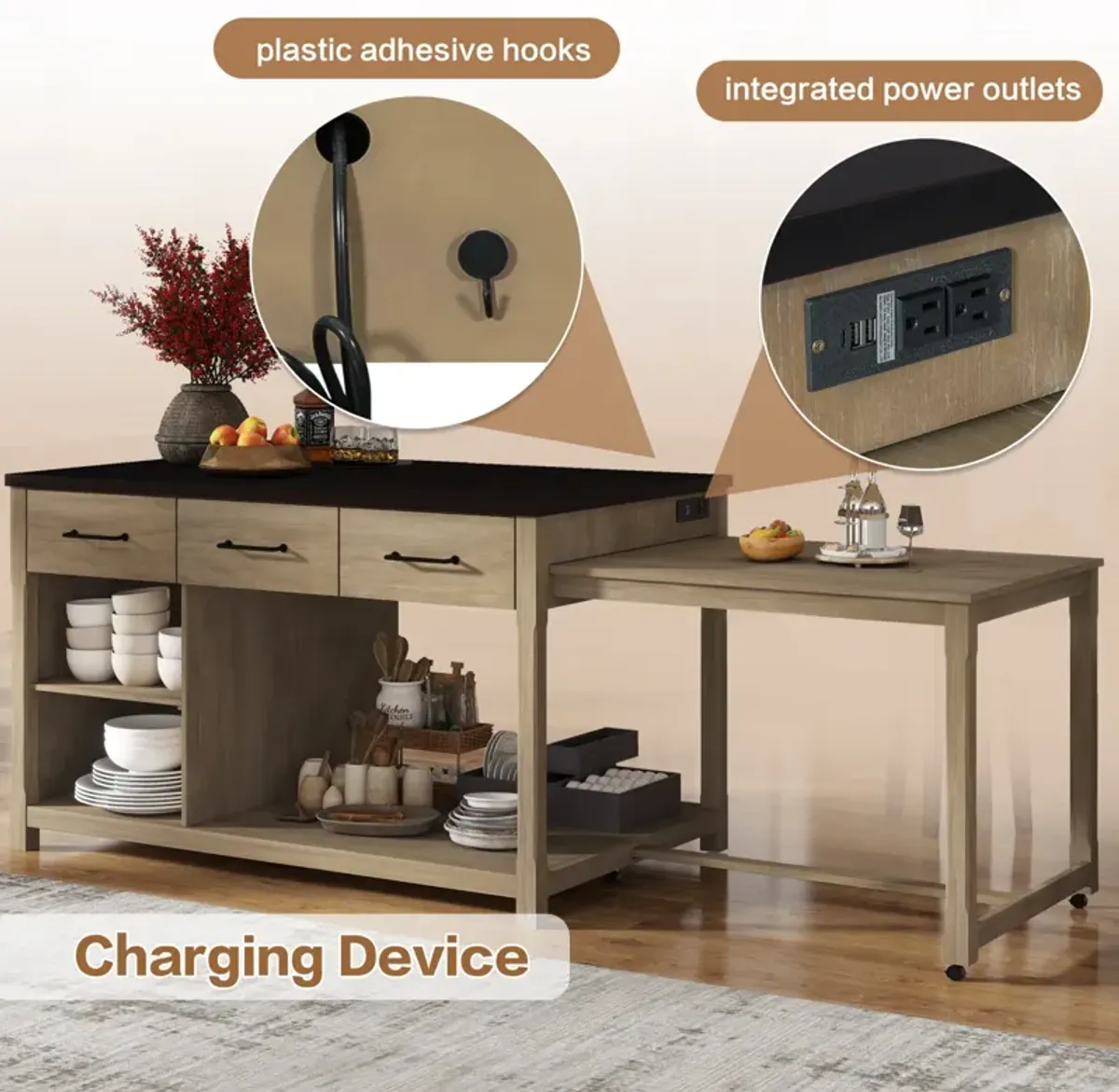 Streamdale Extendable Kitchen Island Cart w/ Power Outlets