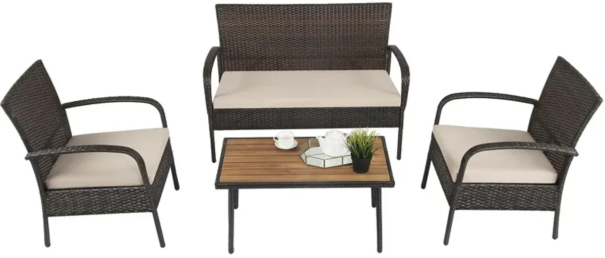 4 Pieces Patio Cushioned Wicker Conversation Set with Acacia Wood Tabletop