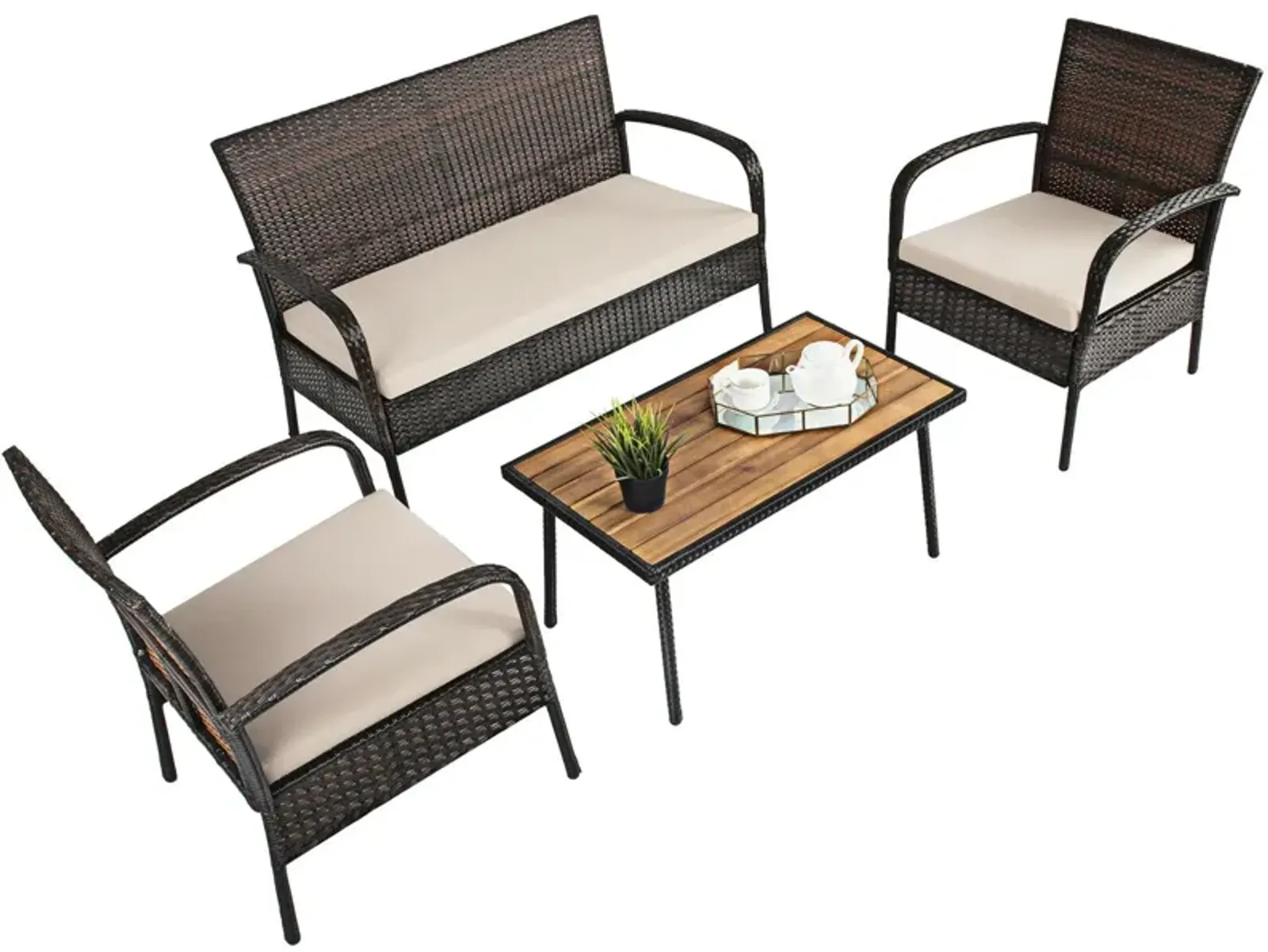 4 Pieces Patio Cushioned Wicker Conversation Set with Acacia Wood Tabletop