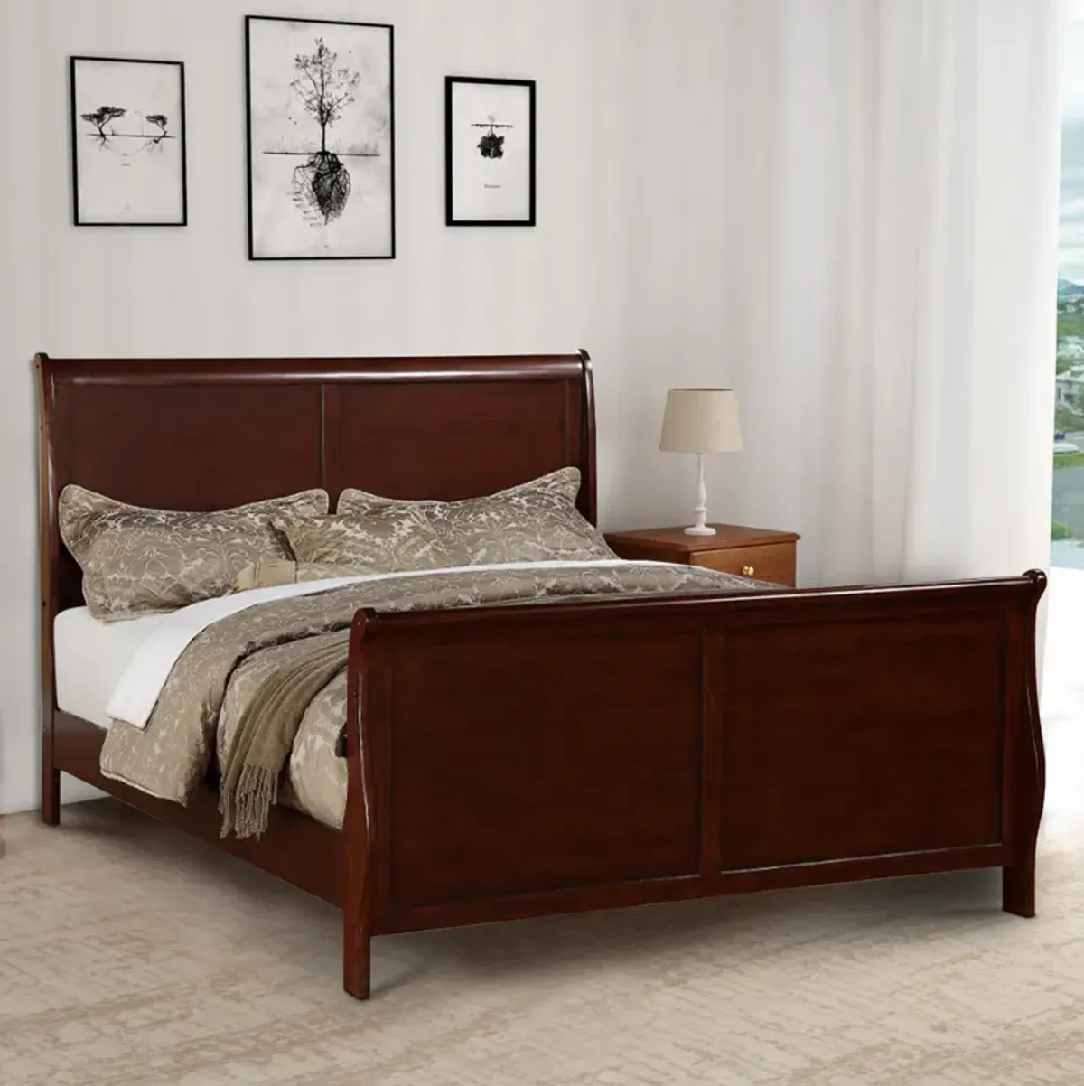 Clean And Convenient E.King King Wooden Bed, Cherry Finish - Benzara