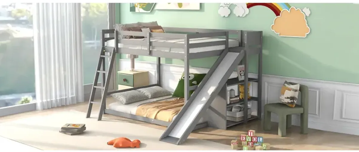 Full Over Full Bunk Bed With Ladder, Slide And Shelves