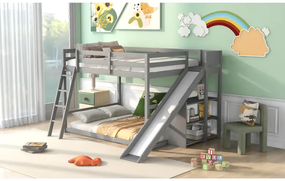 Full Over Full Bunk Bed With Ladder, Slide And Shelves