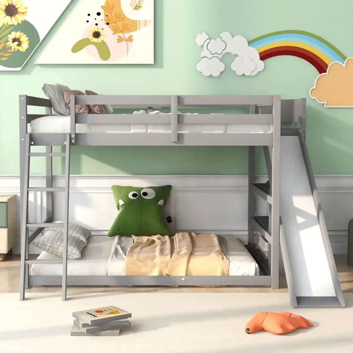 Full Over Full Bunk Bed With Ladder, Slide And Shelves