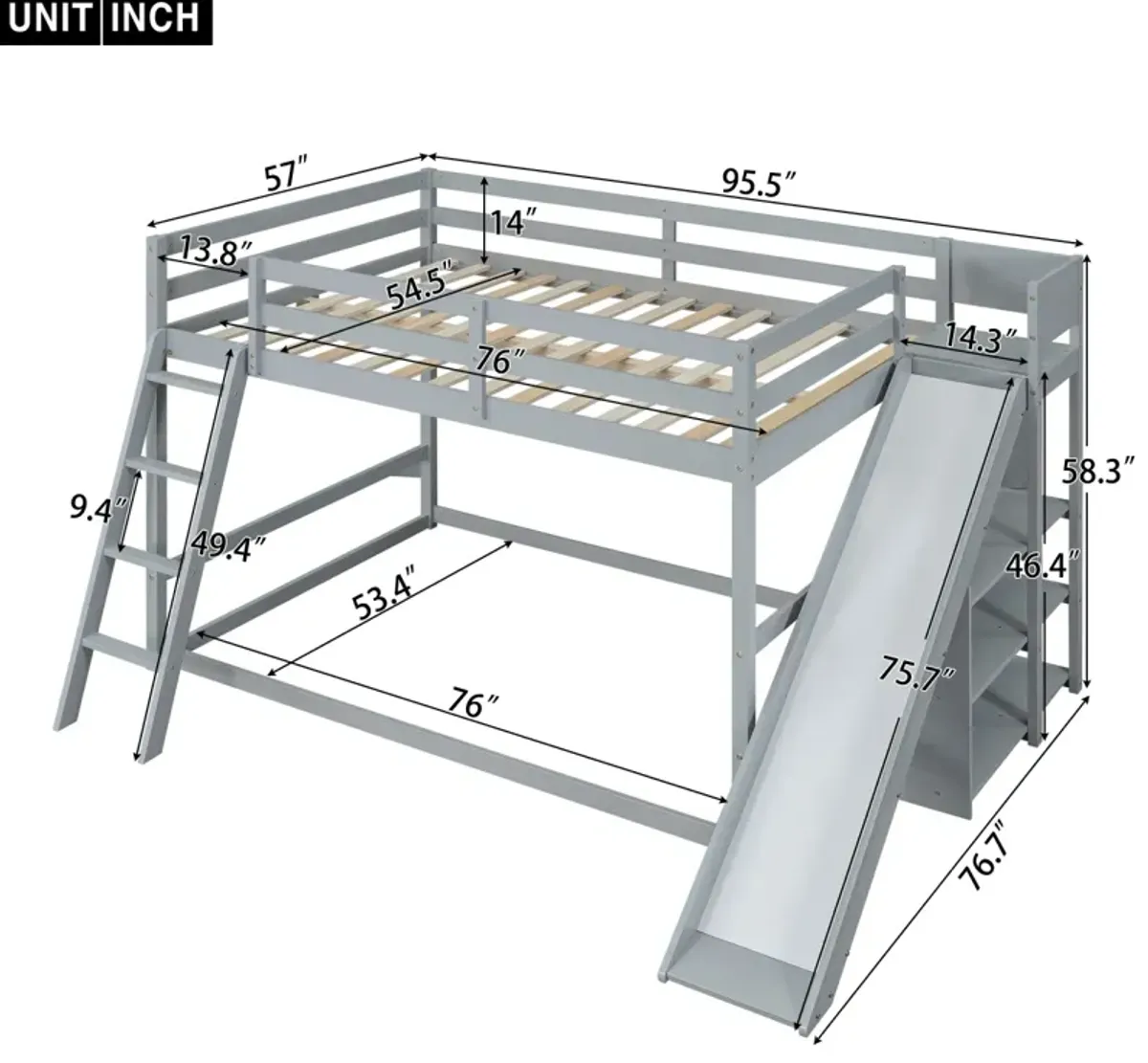 Full Over Full Bunk Bed With Ladder, Slide And Shelves