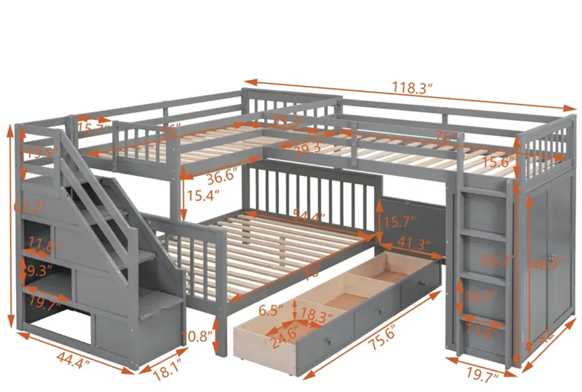 Merax  L-Shaped Bunk Bed With 3 Drawers