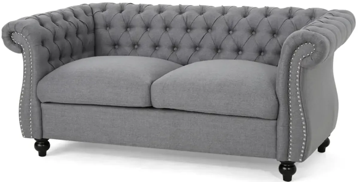 Bernie Loveseat 62 Inch Sofa, Nailhead Trim, Solid Wood, Gray Tufted Fabric - Benzara