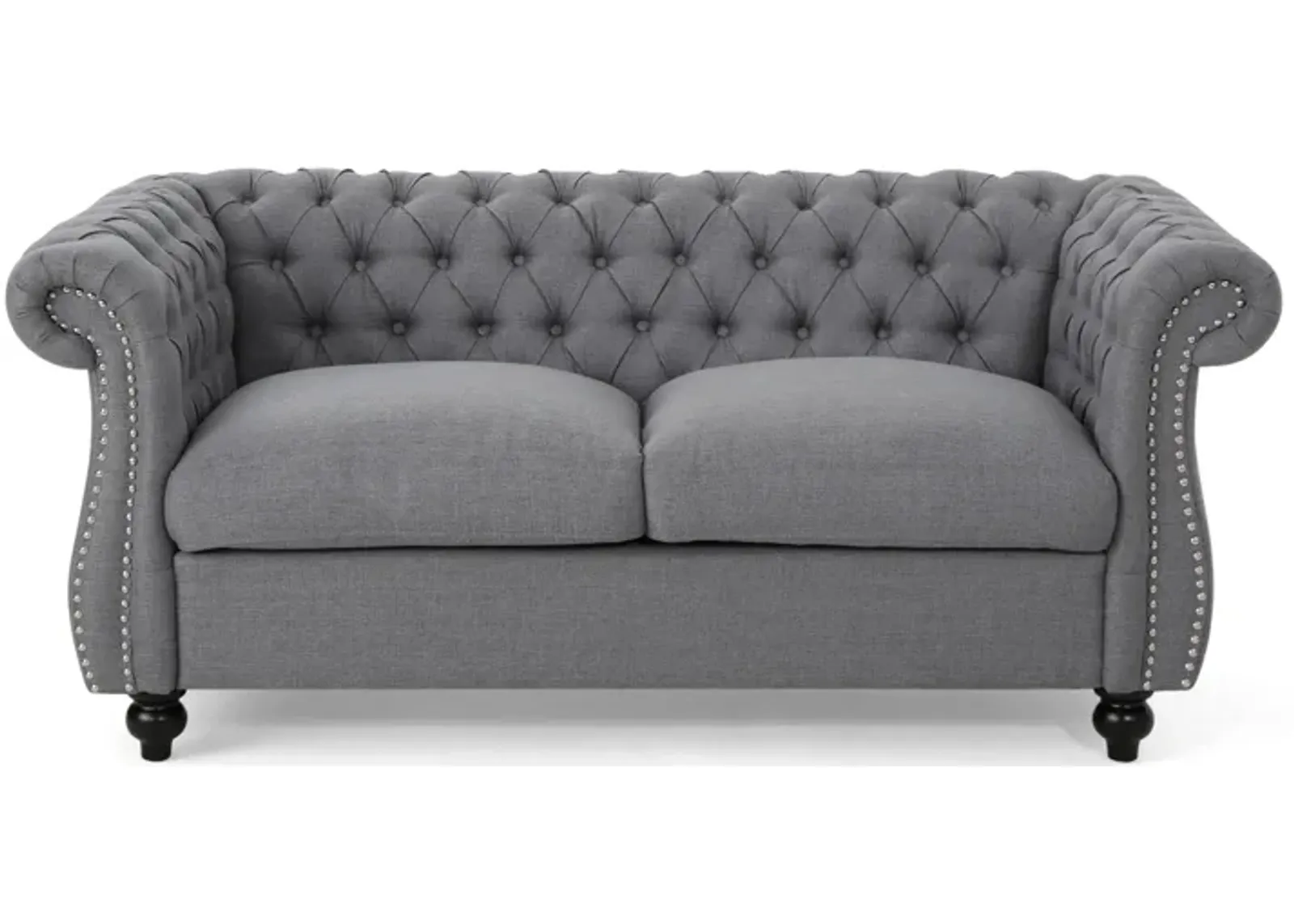 Bernie Loveseat 62 Inch Sofa, Nailhead Trim, Solid Wood, Gray Tufted Fabric - Benzara