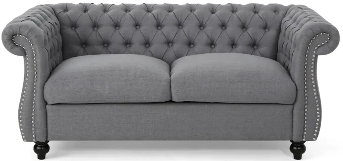 Bernie Loveseat 62 Inch Sofa, Nailhead Trim, Solid Wood, Gray Tufted Fabric - Benzara