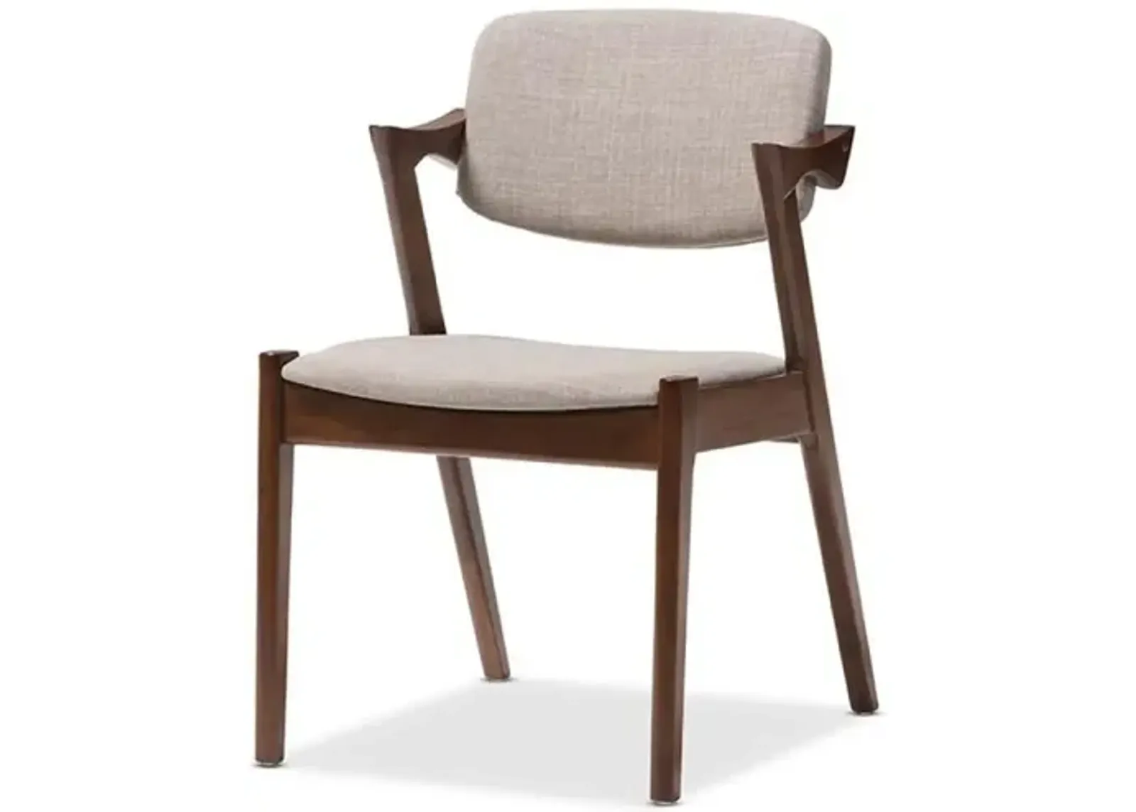 Elegant Mid-Century Dark Walnut Wood Grey Fabric Upholstered Dining Armchair