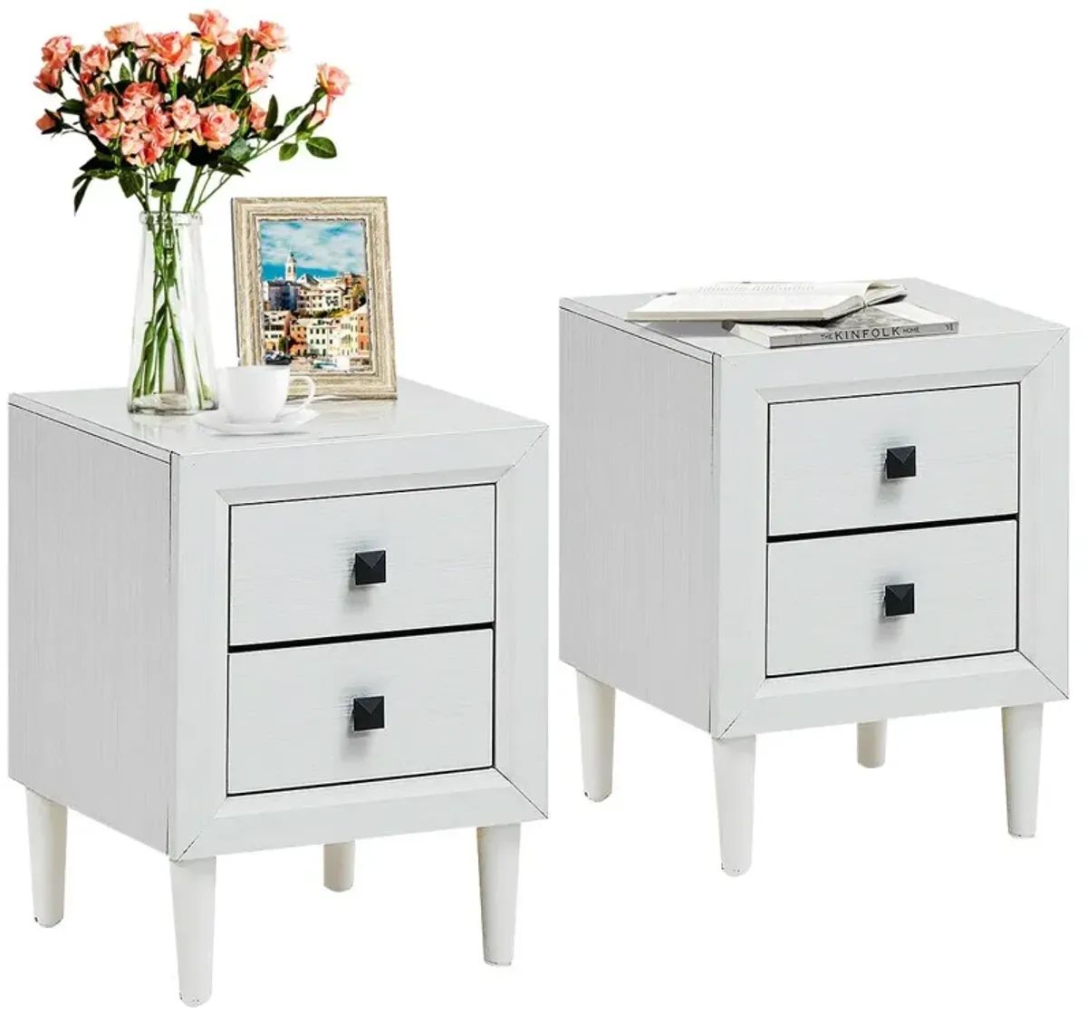 Set of 2 Multipurpose Retro Nightstand with 2 Drawers