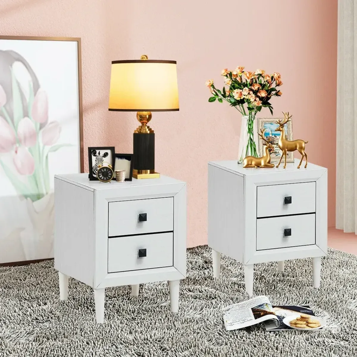 Set of 2 Multipurpose Retro Nightstand with 2 Drawers