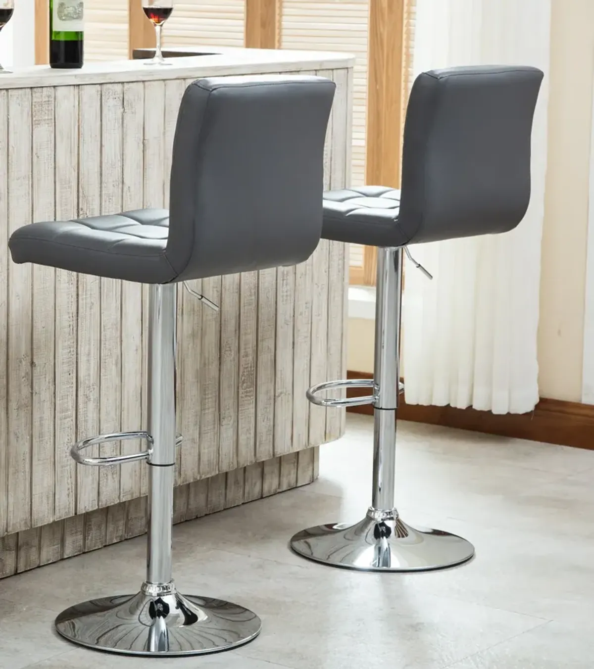 Faux Leather Adjustable Hydraulic Bar Stool, Set of 2, Gray