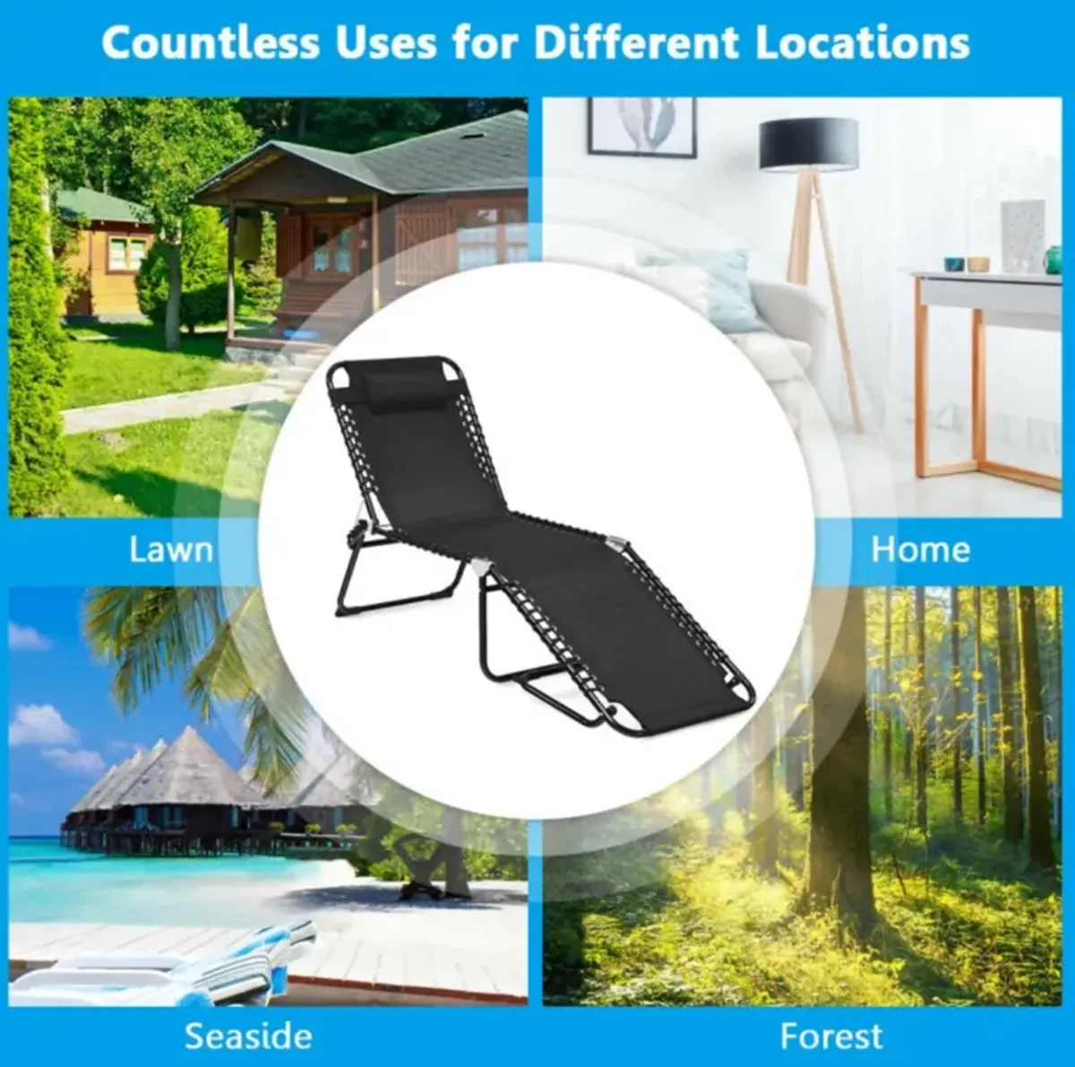 Hivvago Folding Heightening Design Beach Lounge Chair with Pillow for Patio