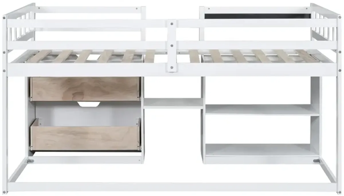 Merax Low Loft Bed with Rolling Desk and Drawers