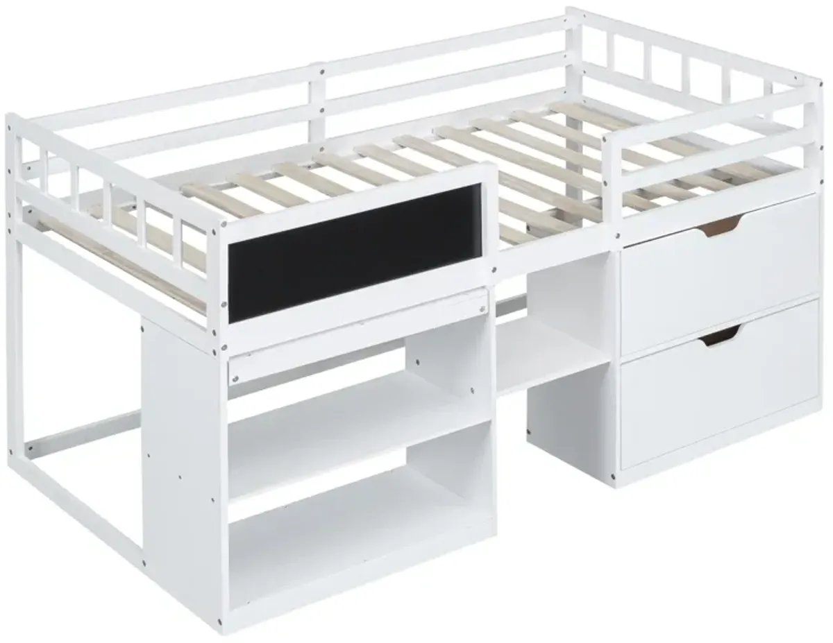 Merax Low Loft Bed with Rolling Desk and Drawers