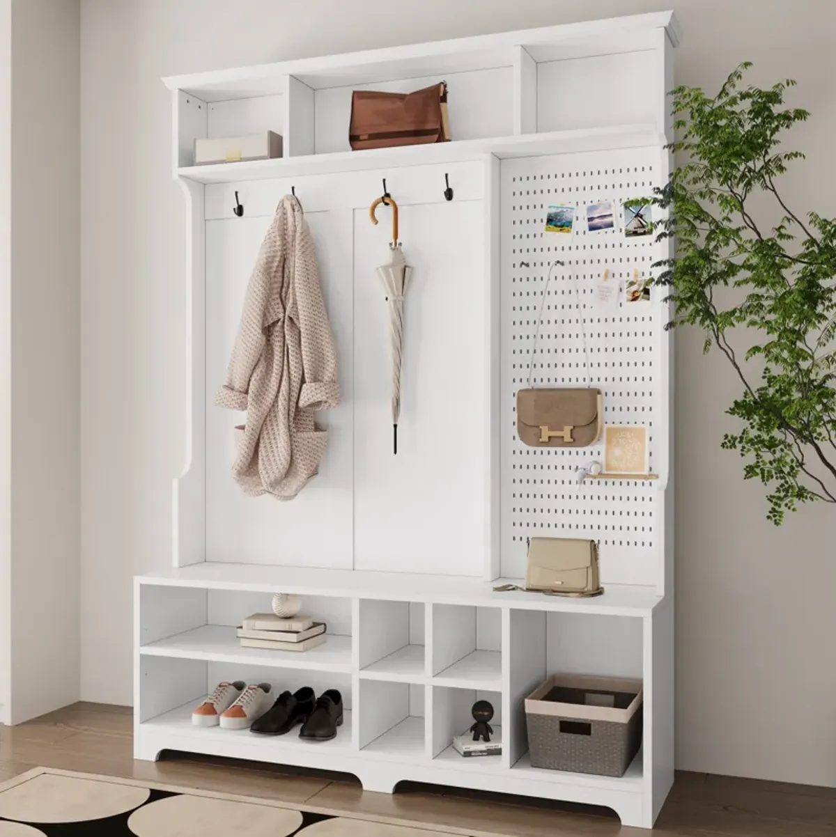 Hall Tree with Shoe Bench, Coat Rack ,Shoe Storage ,Storage Shelves and Pegboard, for Hallways, Halls and Bedrooms