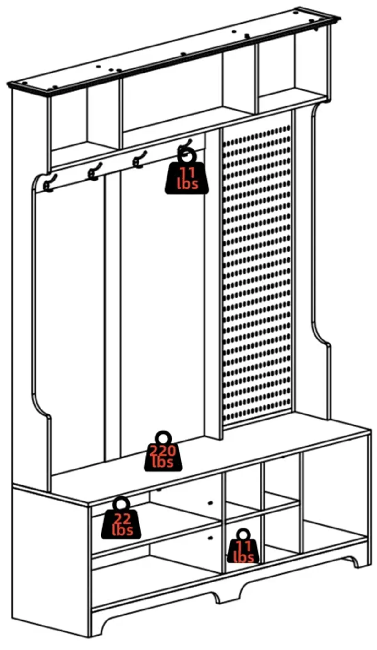 Hall Tree with Shoe Bench, Coat Rack ,Shoe Storage ,Storage Shelves and Pegboard, for Hallways, Halls and Bedrooms