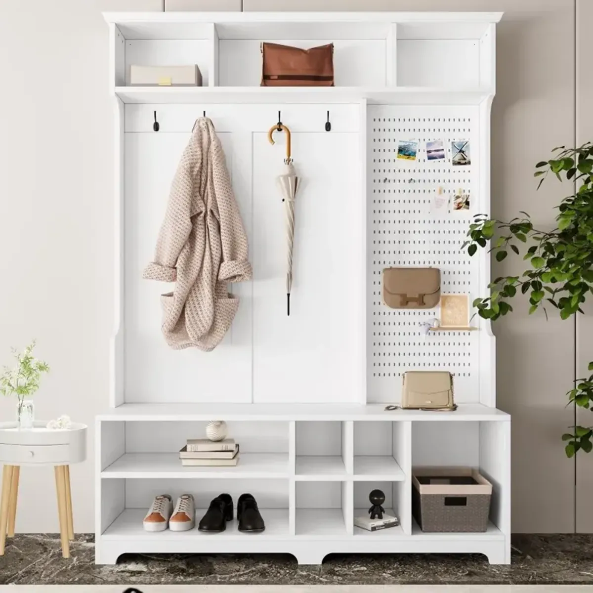 Hall Tree with Shoe Bench, Coat Rack ,Shoe Storage ,Storage Shelves and Pegboard, for Hallways, Halls and Bedrooms