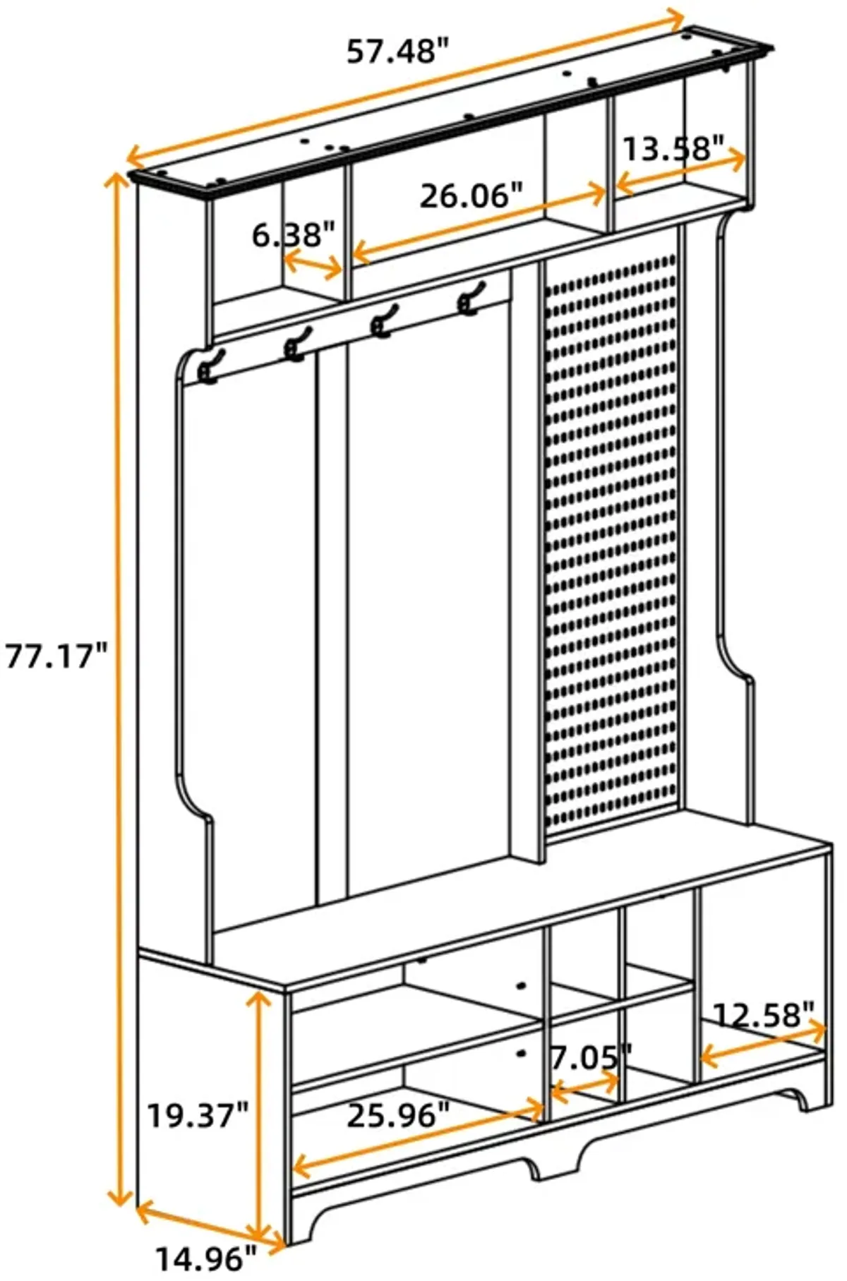 Hall Tree with Shoe Bench, Coat Rack ,Shoe Storage ,Storage Shelves and Pegboard, for Hallways, Halls and Bedrooms