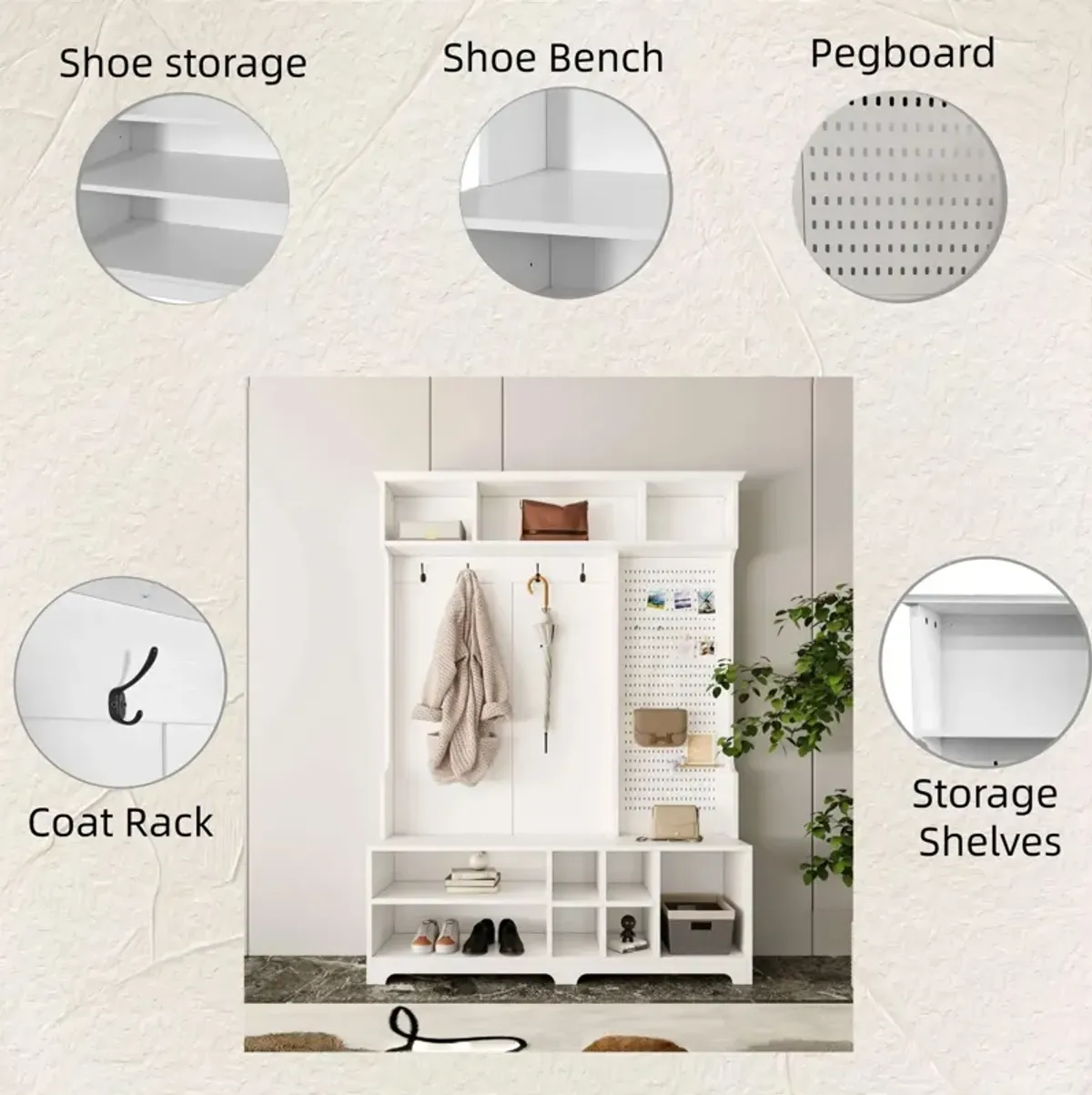 Hall Tree with Shoe Bench, Coat Rack ,Shoe Storage ,Storage Shelves and Pegboard, for Hallways, Halls and Bedrooms