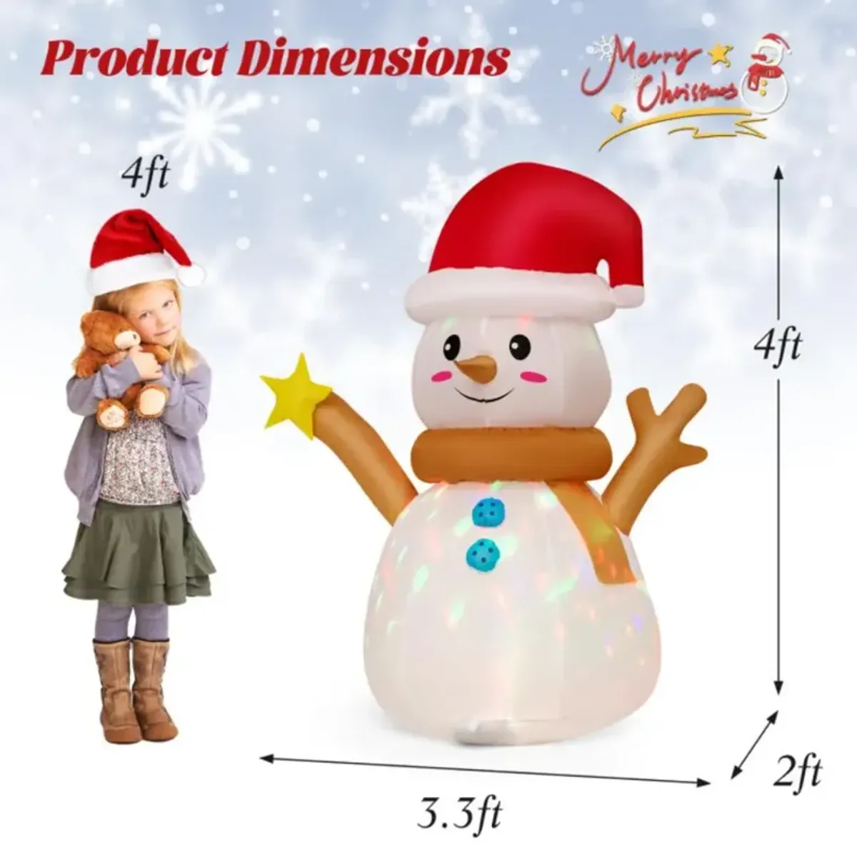 Hivvago 4 Feet Inflatable Christmas Snowman with 360° Rotating Colorful LED Light