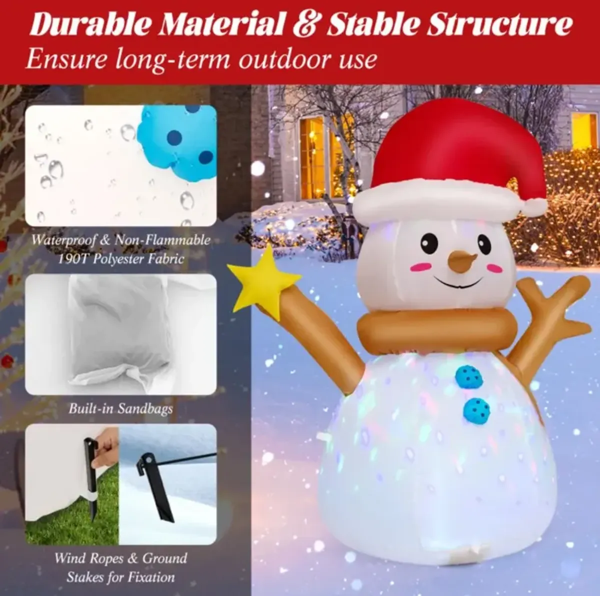 Hivvago 4 Feet Inflatable Christmas Snowman with 360° Rotating Colorful LED Light