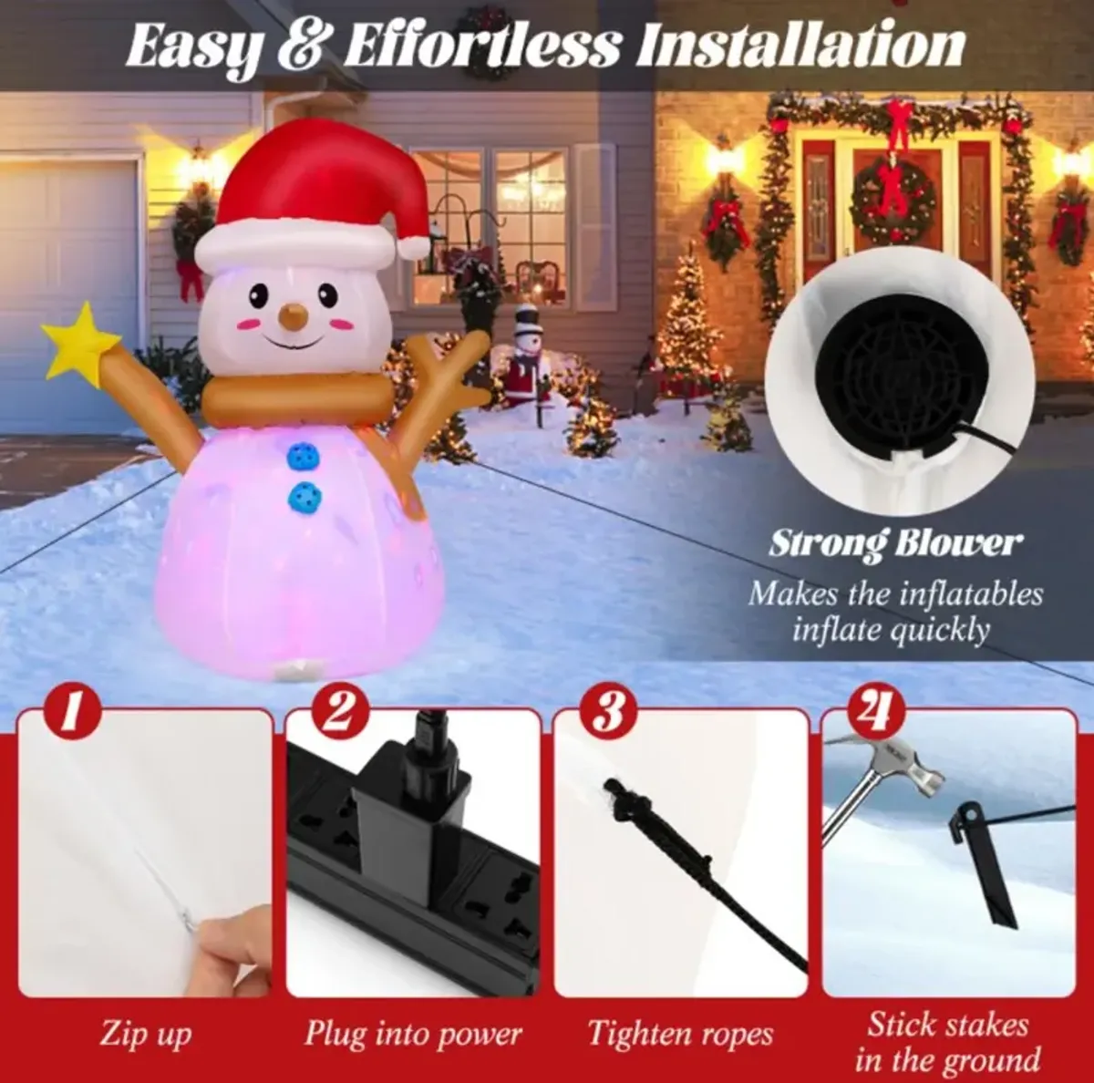 Hivvago 4 Feet Inflatable Christmas Snowman with 360° Rotating Colorful LED Light