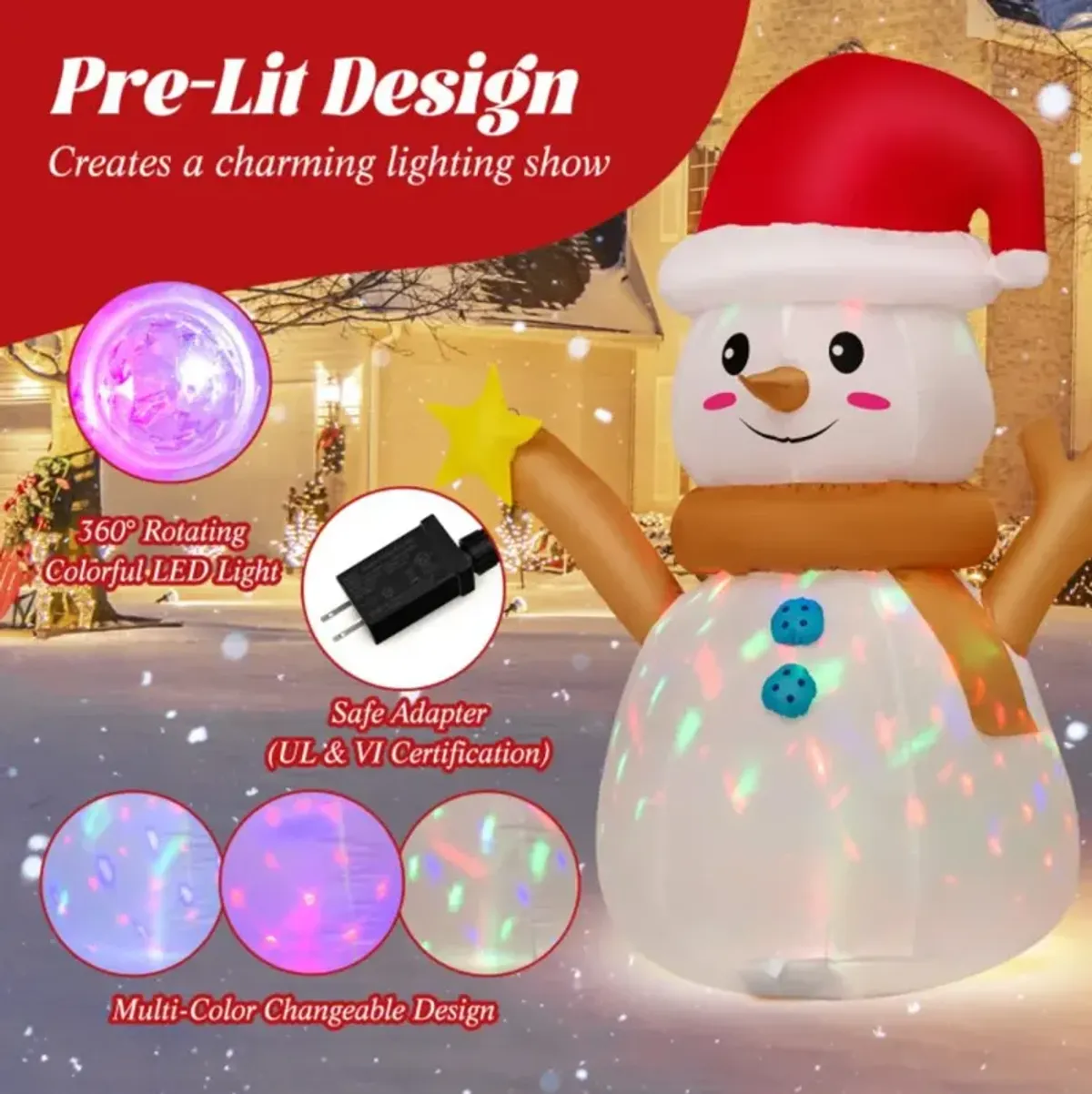 Hivvago 4 Feet Inflatable Christmas Snowman with 360° Rotating Colorful LED Light