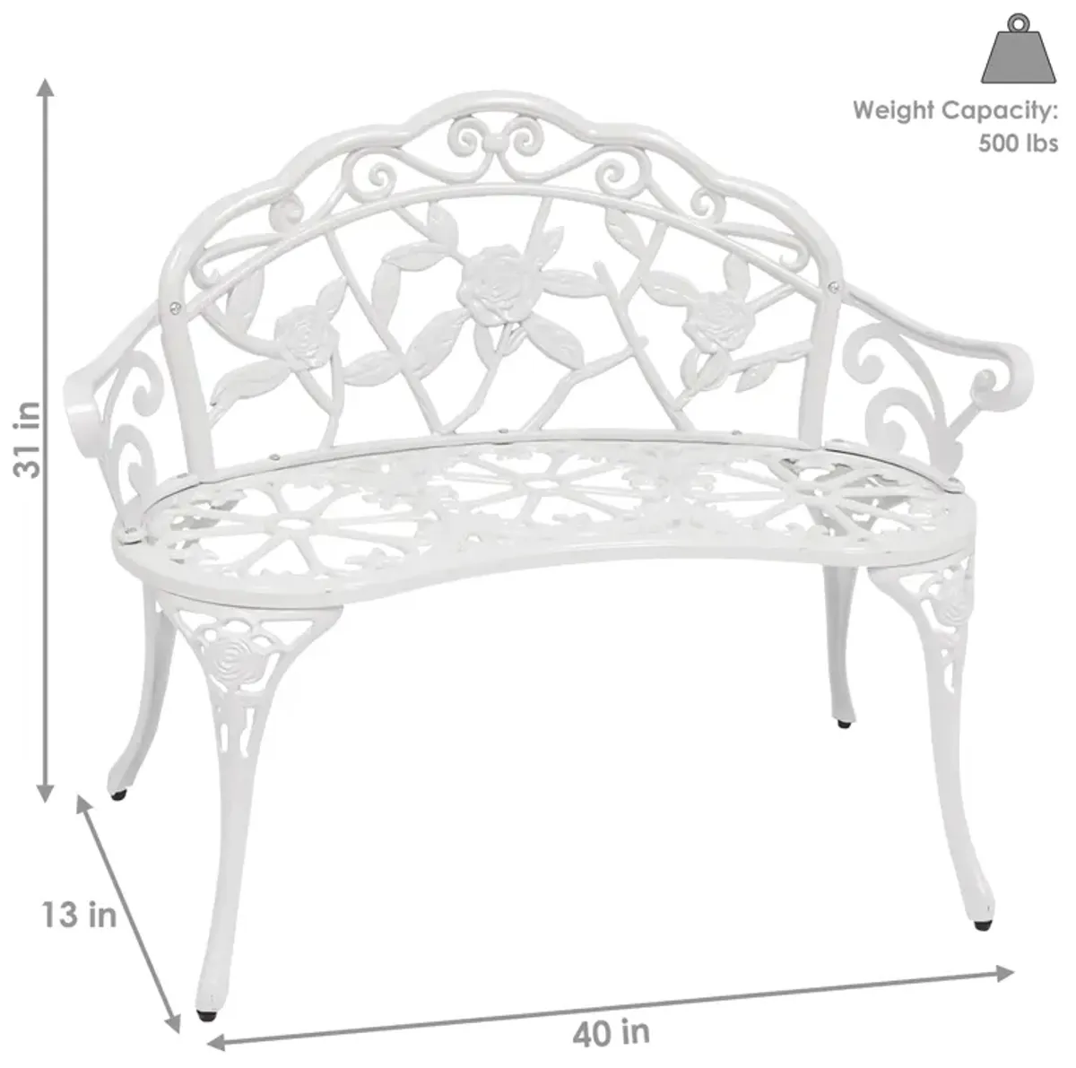 Sunnydaze 2-Person Classic Rose Cast Aluminum Outdoor Garden Bench - White