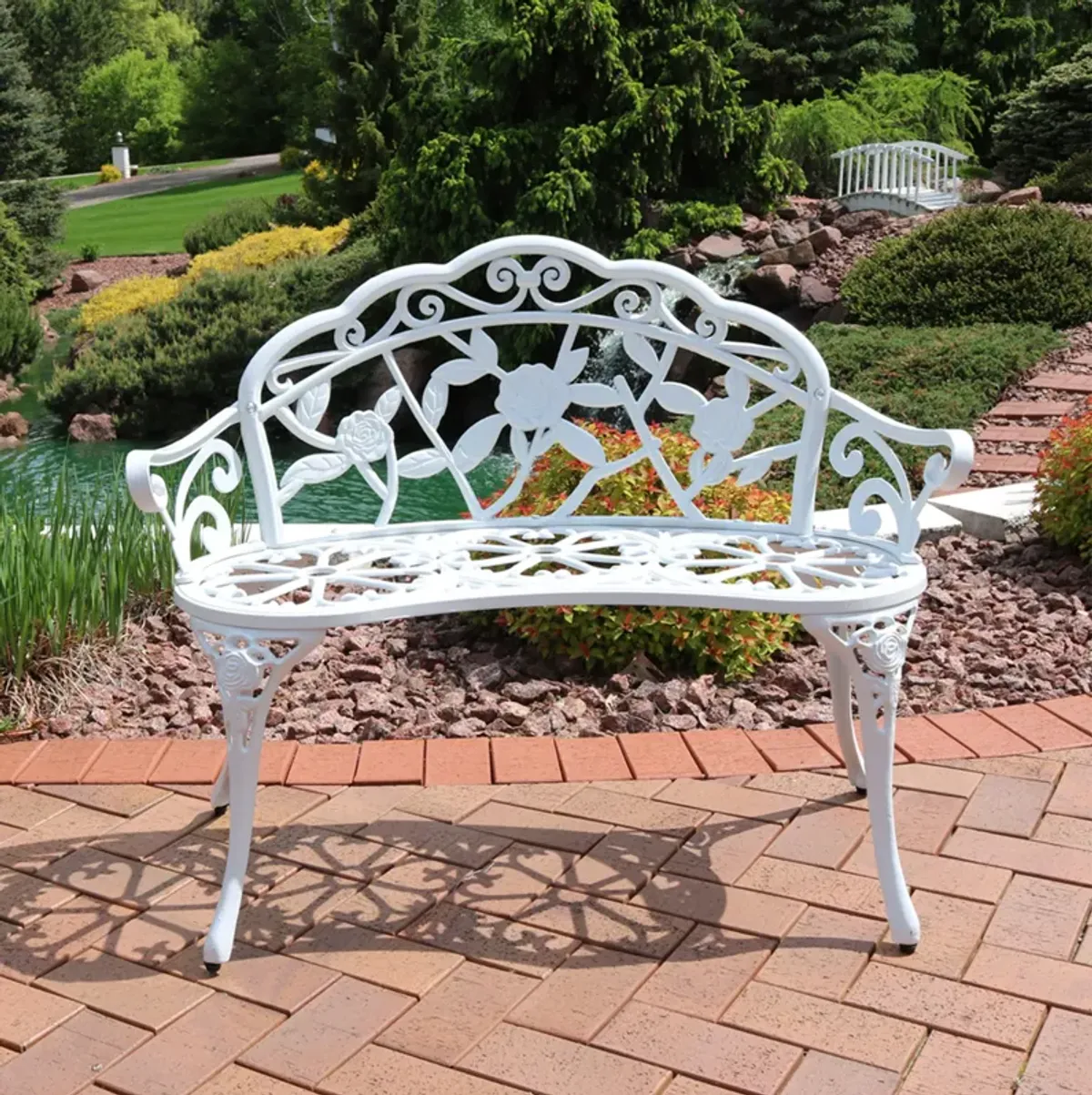 Sunnydaze 2-Person Classic Rose Cast Aluminum Outdoor Garden Bench - White