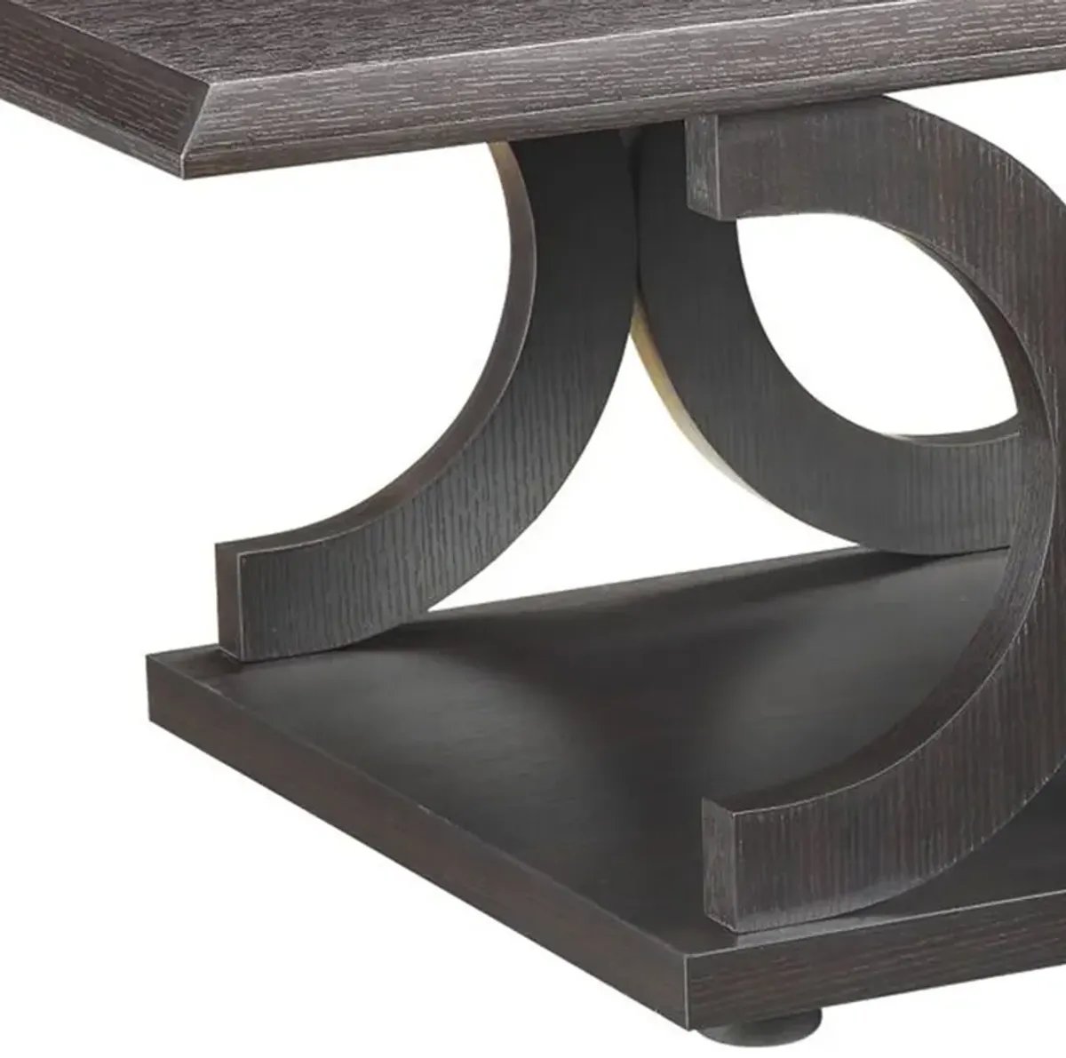 Contemporary Style C Shaped Coffee Table With Open Shelf, Espresso Brown-Benzara