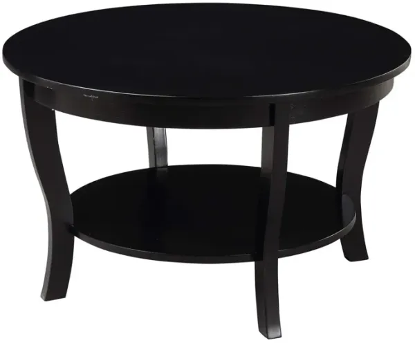 Convenience Concepts American Heritage Round Coffee Table with Shelf, Black, 30 in x 30 in x 18 in