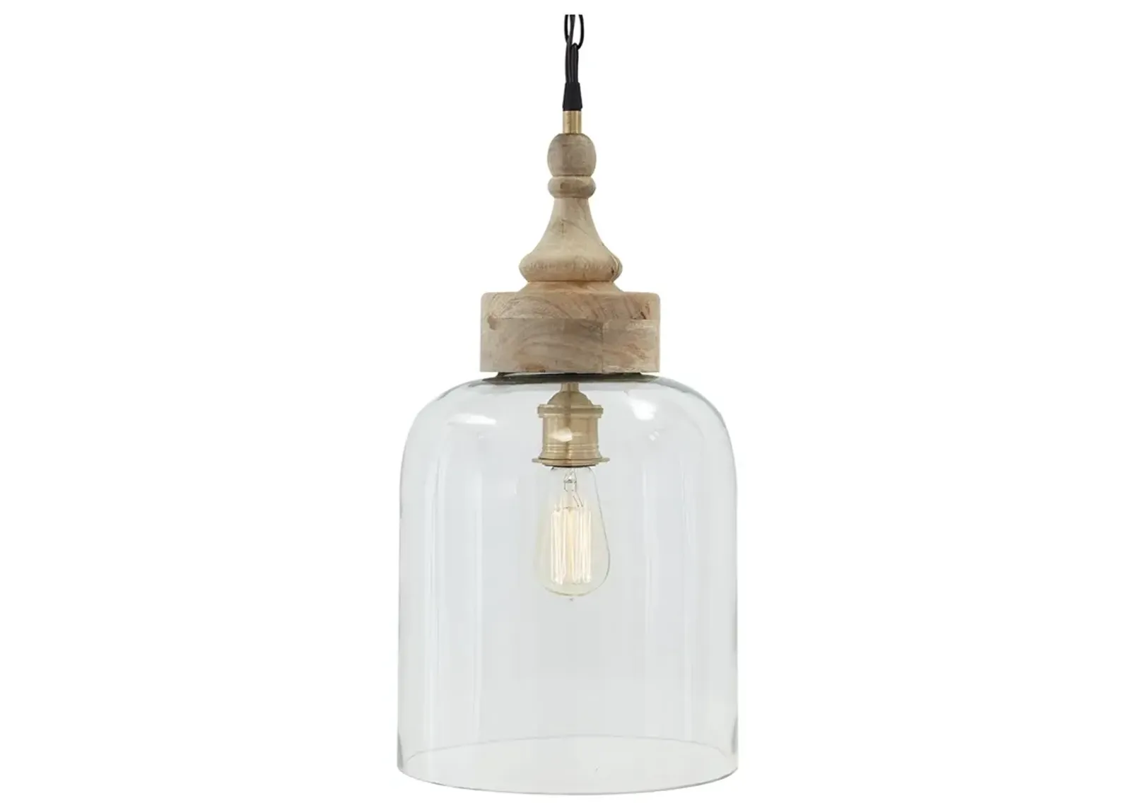 Inverted U Glass Pendant Light with Wood Finial Crown Top, Brown and Clear - Benzara