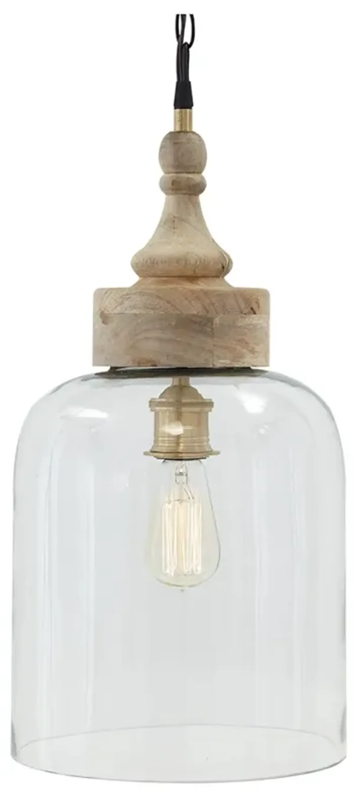 Inverted U Glass Pendant Light with Wood Finial Crown Top, Brown and Clear - Benzara