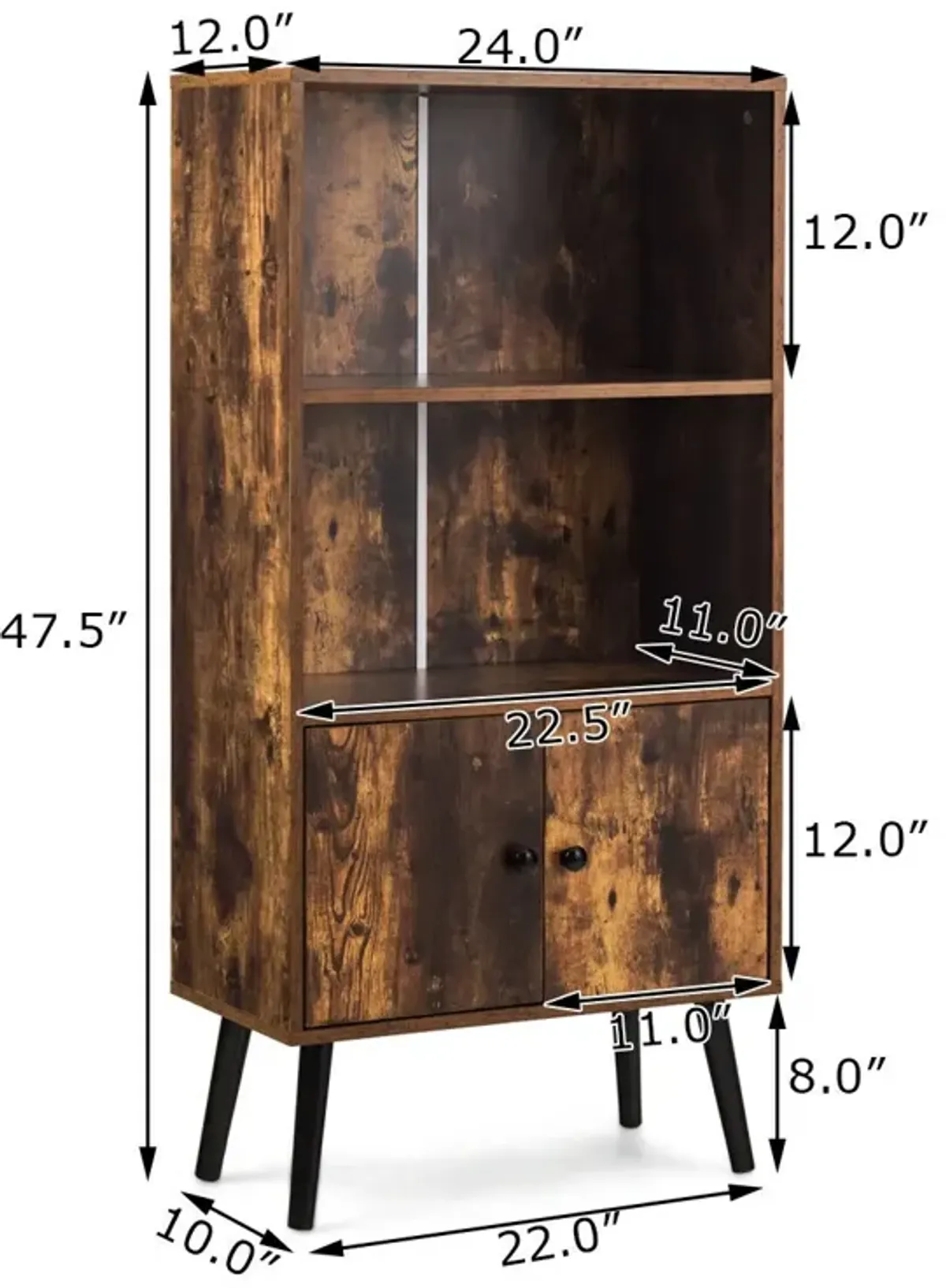 2-Tier Retro Bookcase Bookshelf with 3 Compartment