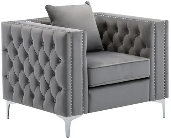 Joni 40 Inch Armchair, Chesterfield Design, Button Tufting, Gray Velvet