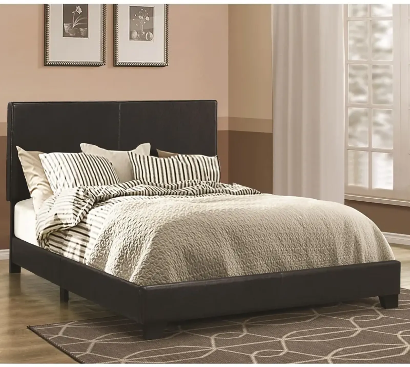 Leather Upholstered California King Size Platform Bed, Black-Benzara