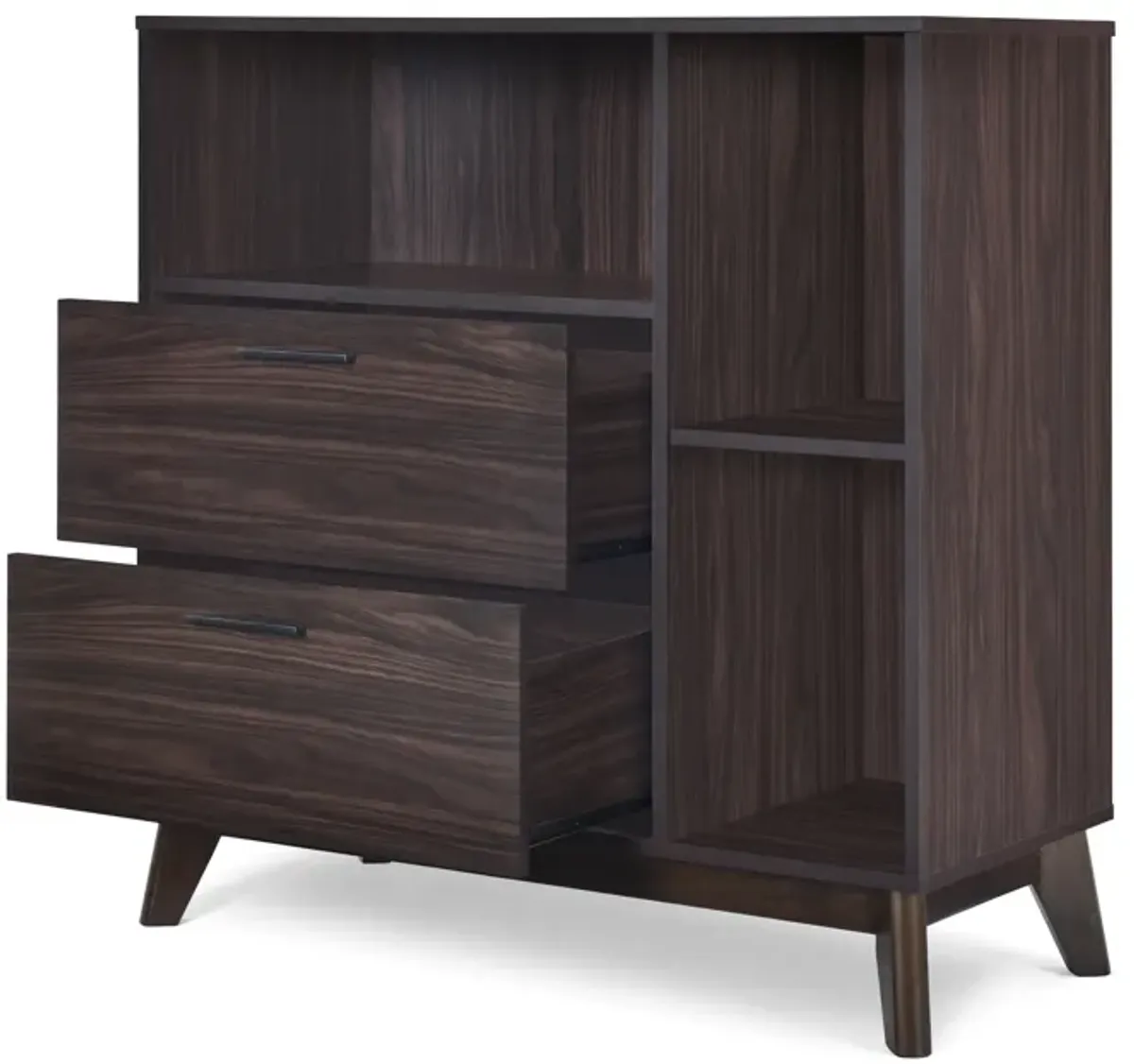 Merax Mid-Century Modern Storage Cabinet - Faux Wood with Cubby Shelves & 2 Drawers, Splayed Legs Design for Lounge