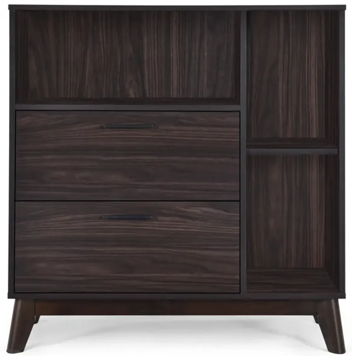 Merax Mid-Century Modern Storage Cabinet - Faux Wood with Cubby Shelves & 2 Drawers, Splayed Legs Design for Lounge