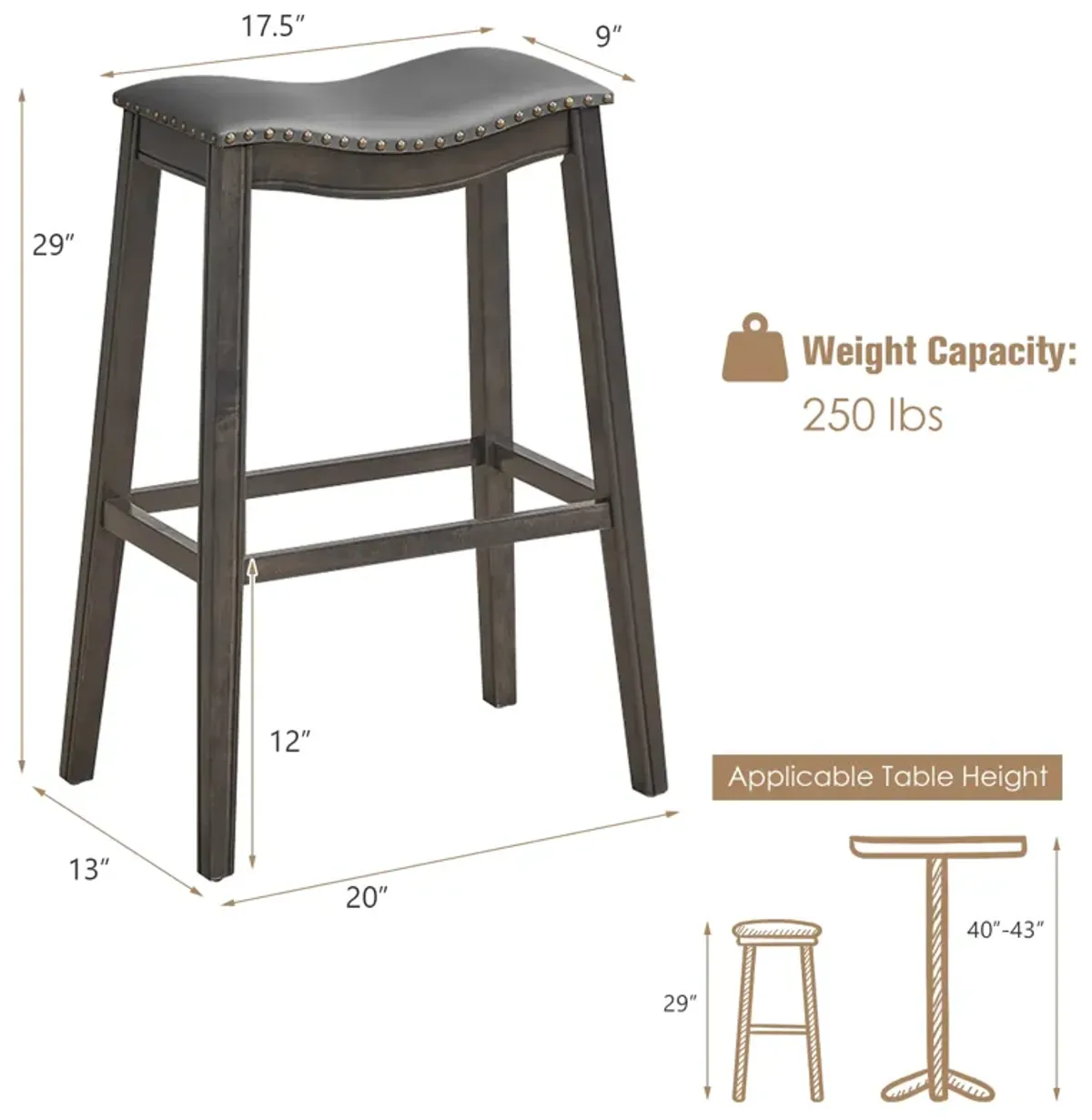 29 Inch Set of 2 Backless Wood Nailhead Barstools with PVC Leather Seat