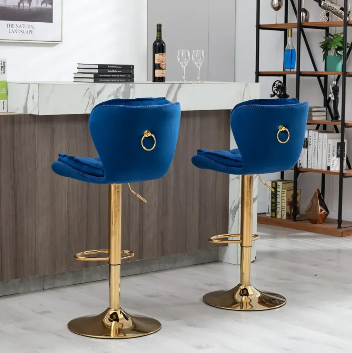 Set of 2 Bar Stools, with Chrome Footrest and Base Swivel Height Adjustable Mechanical Lifting Velvet + Golden Leg Simple Bar Stool-blue