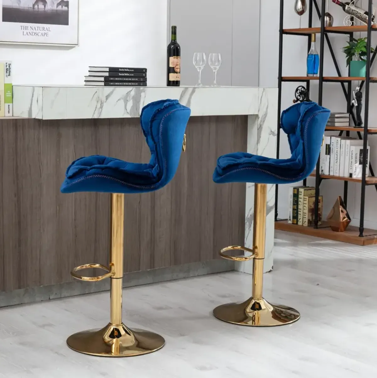 Set of 2 Bar Stools, with Chrome Footrest and Base Swivel Height Adjustable Mechanical Lifting Velvet + Golden Leg Simple Bar Stool-blue