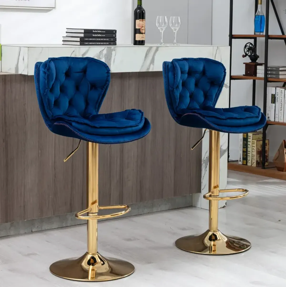 Set of 2 Bar Stools, with Chrome Footrest and Base Swivel Height Adjustable Mechanical Lifting Velvet + Golden Leg Simple Bar Stool-blue