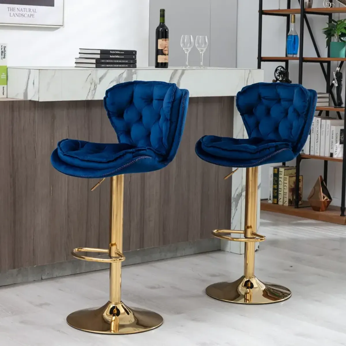 Set of 2 Bar Stools, with Chrome Footrest and Base Swivel Height Adjustable Mechanical Lifting Velvet + Golden Leg Simple Bar Stool-blue