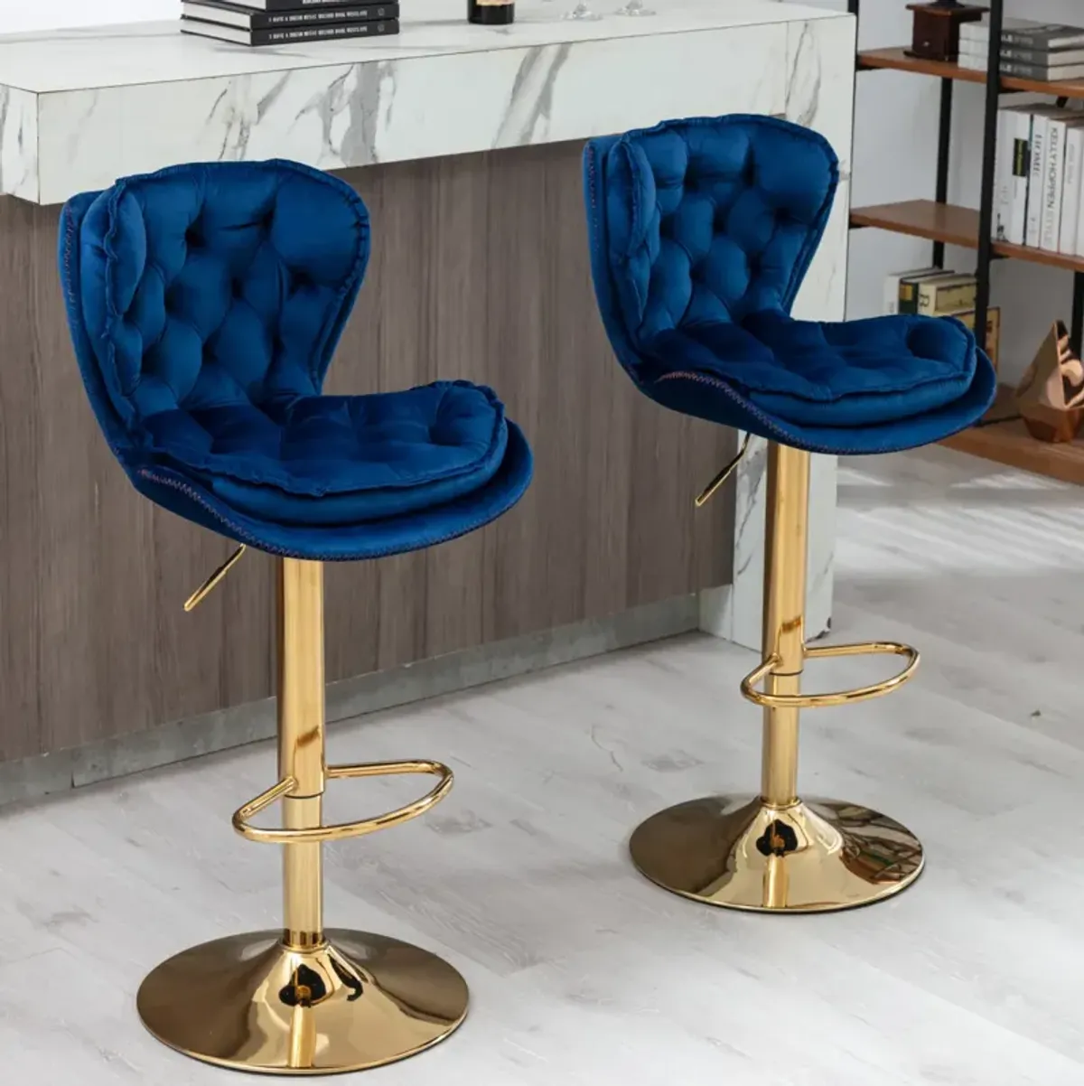 Set of 2 Bar Stools, with Chrome Footrest and Base Swivel Height Adjustable Mechanical Lifting Velvet + Golden Leg Simple Bar Stool-blue