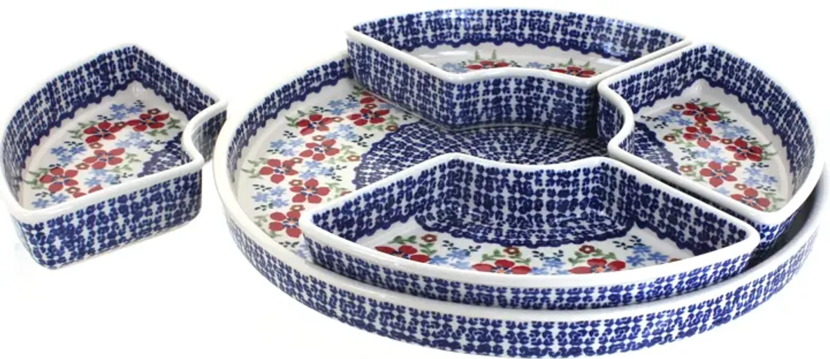 Blue Rose Polish Pottery Tulip Tray with 4 Plates