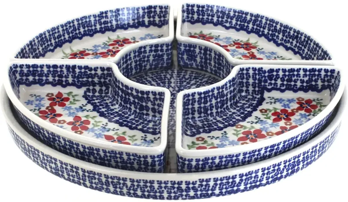 Blue Rose Polish Pottery Tulip Tray with 4 Plates